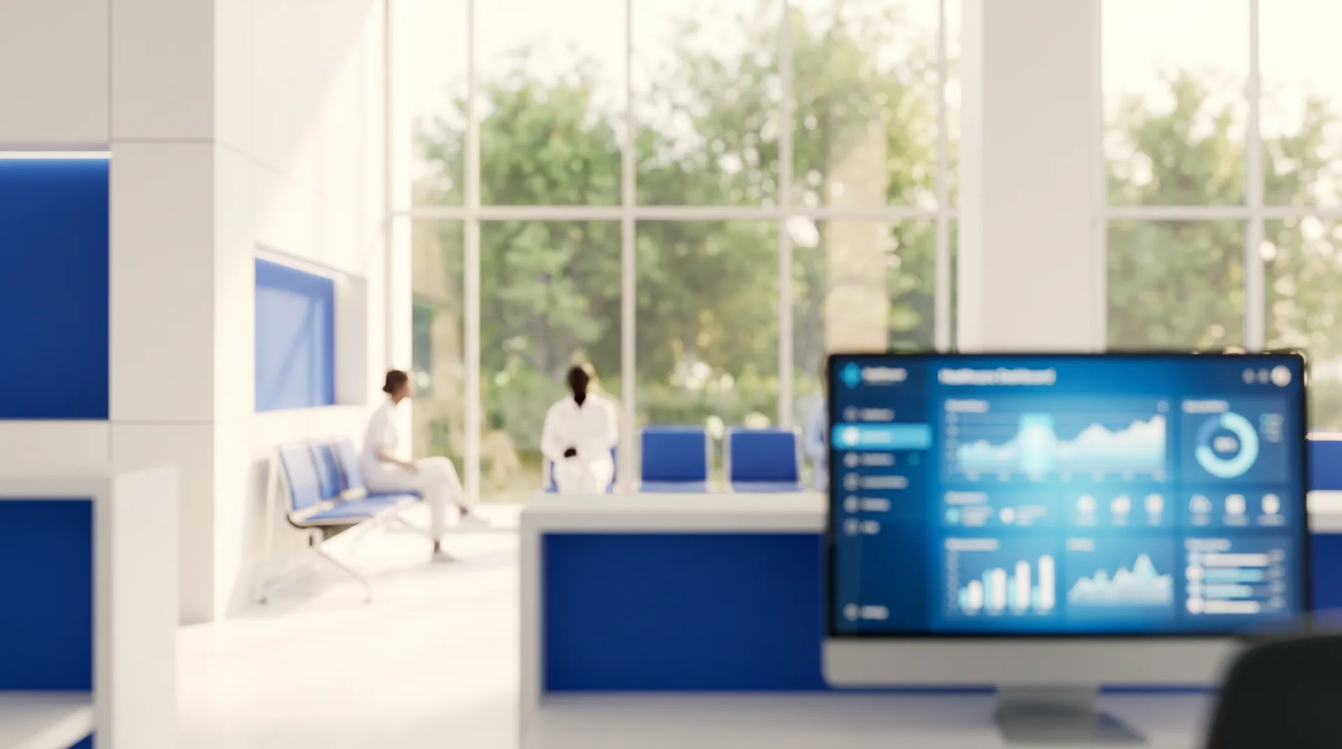 A bright modern clinic reception with a Kairos dashboard on a monitor